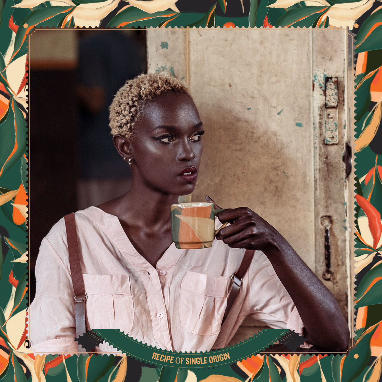 Stamp-framed portrait with Recipe of Single Origin banner