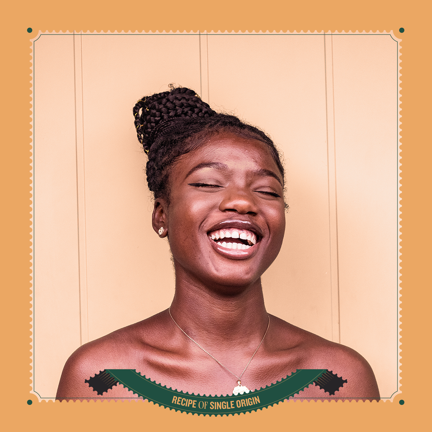 Laughing portrait in an orange stamp frame