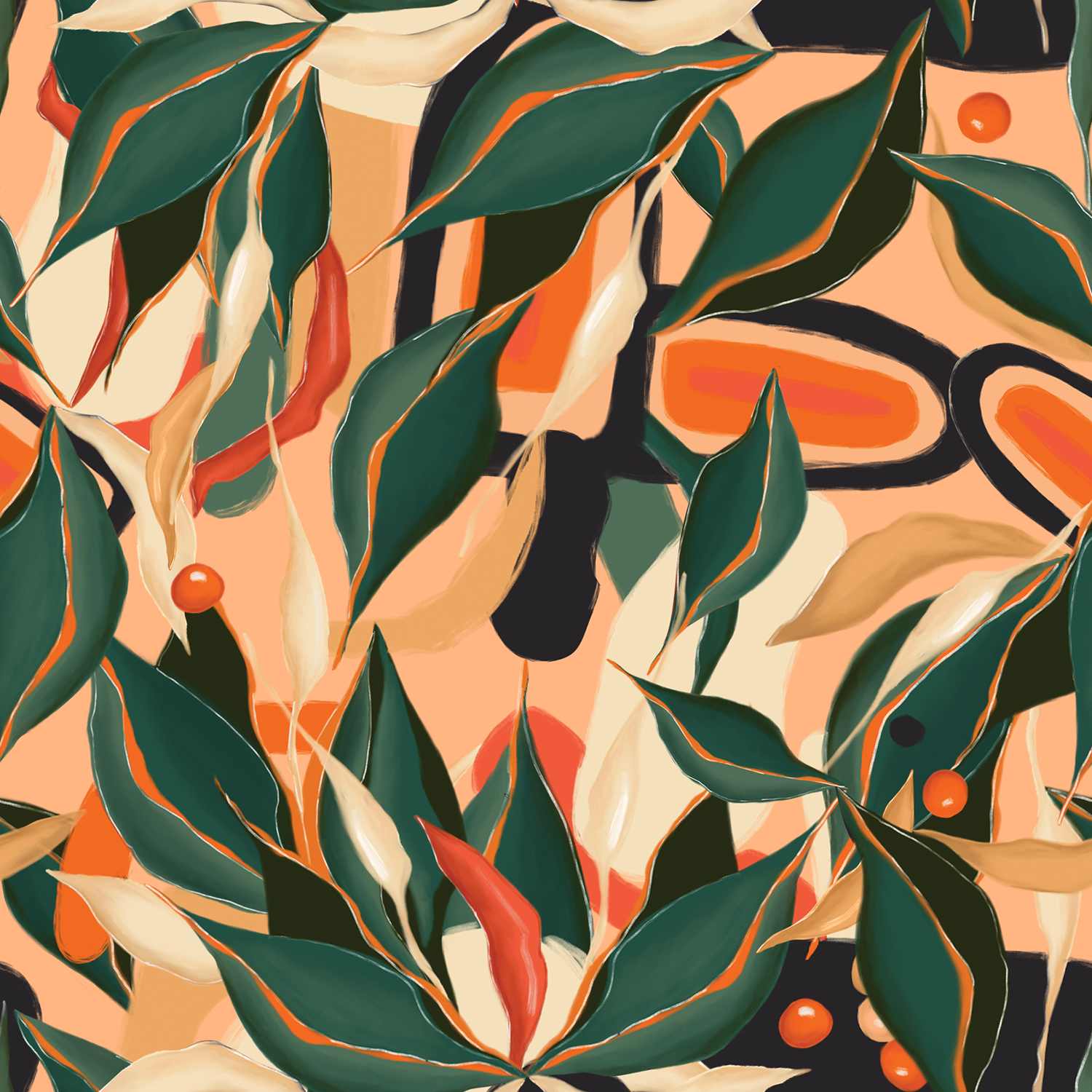 Botanical pattern of coffee leaves and cherries on peach