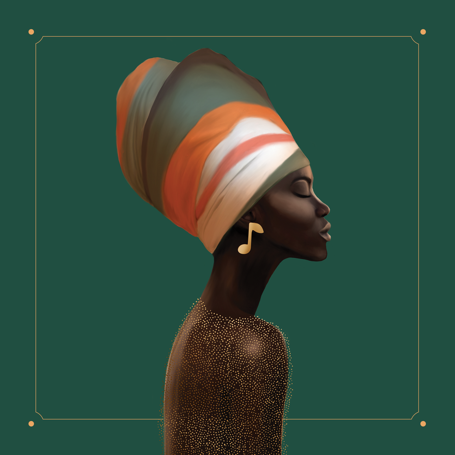 Illustrated profile of a woman in a striped wrap with a gold musical-note earring