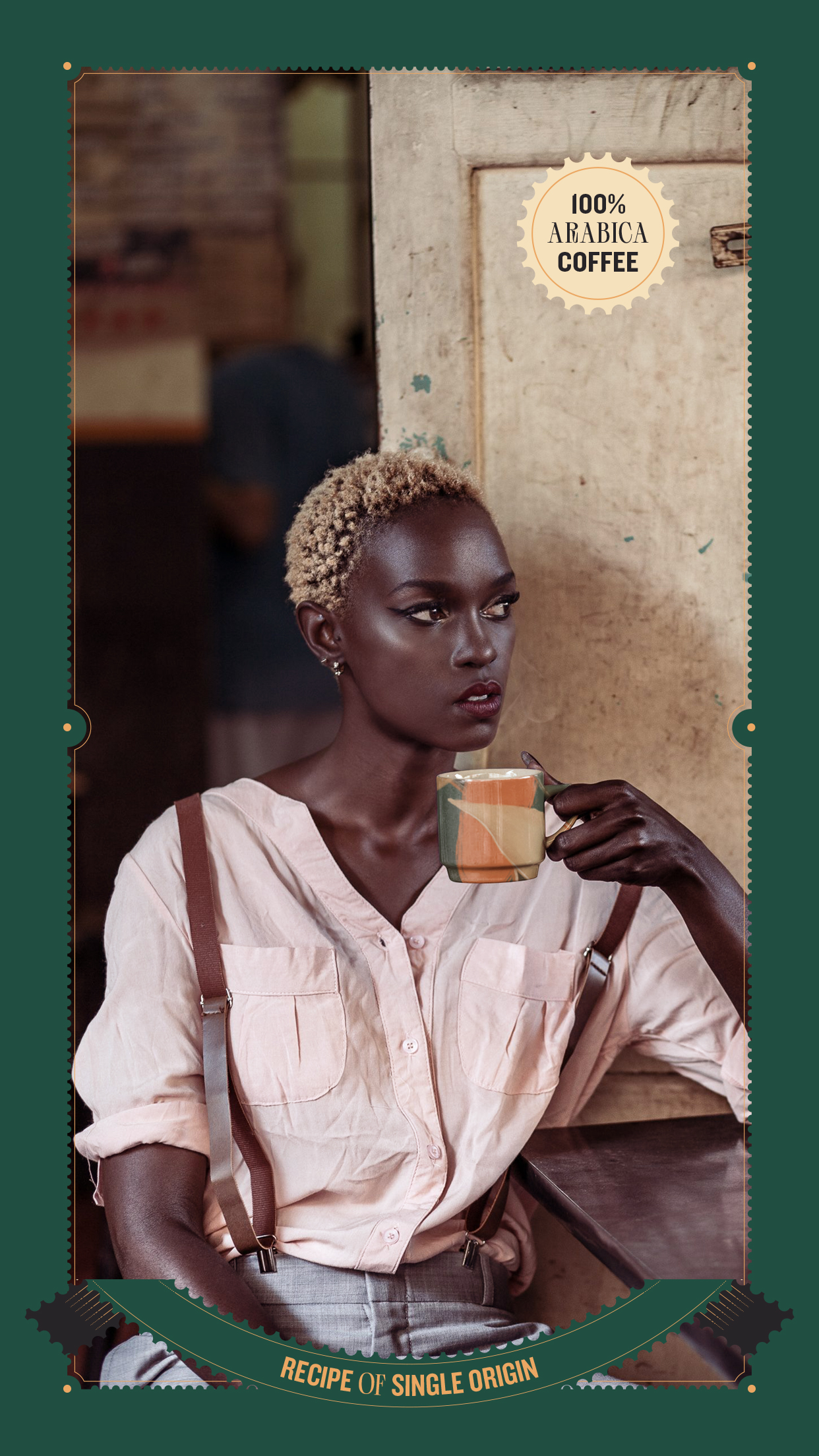 Vertical story: portrait with 100% Arabica seal