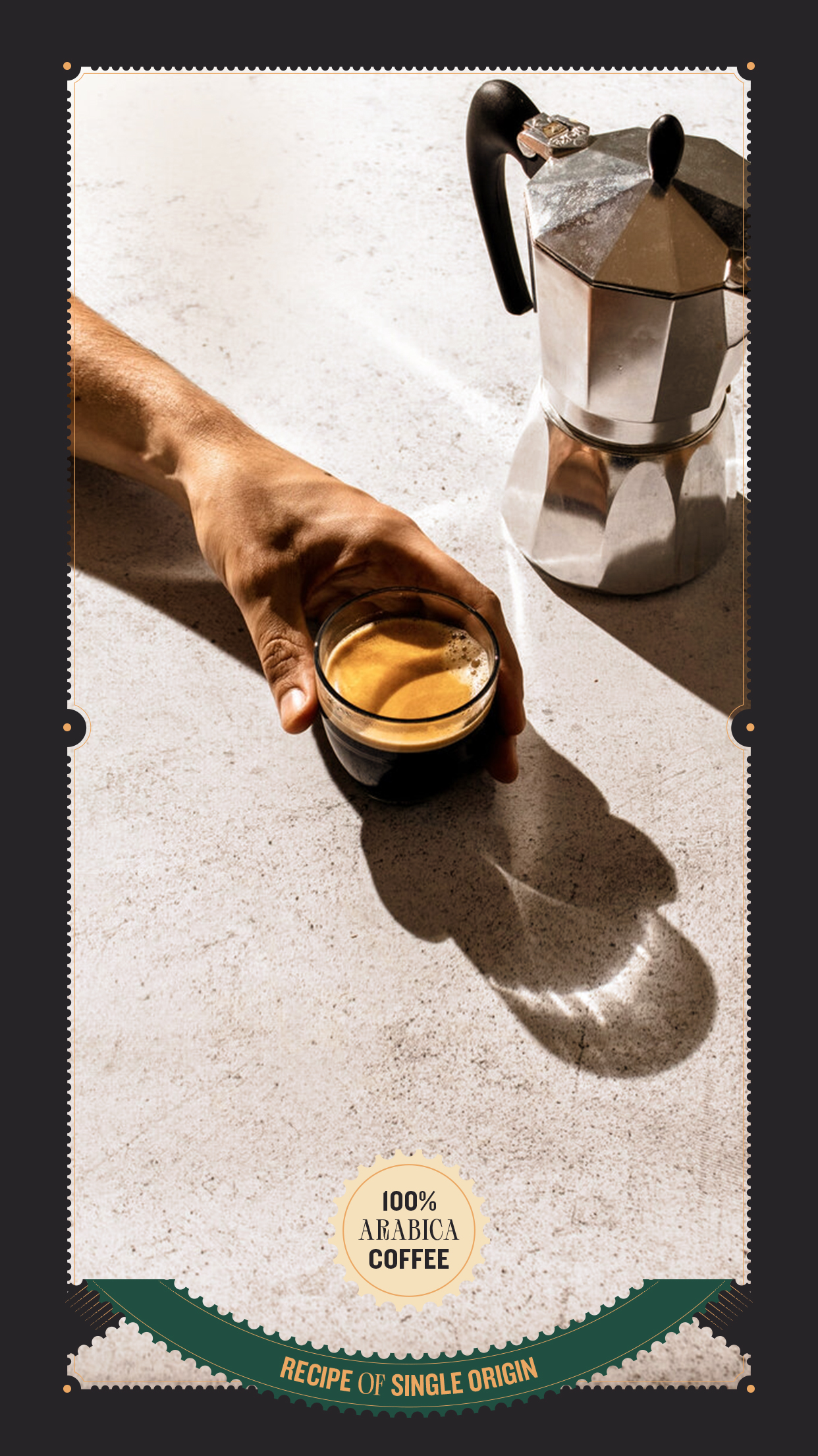 Vertical story: espresso and moka pot with Arabica seal