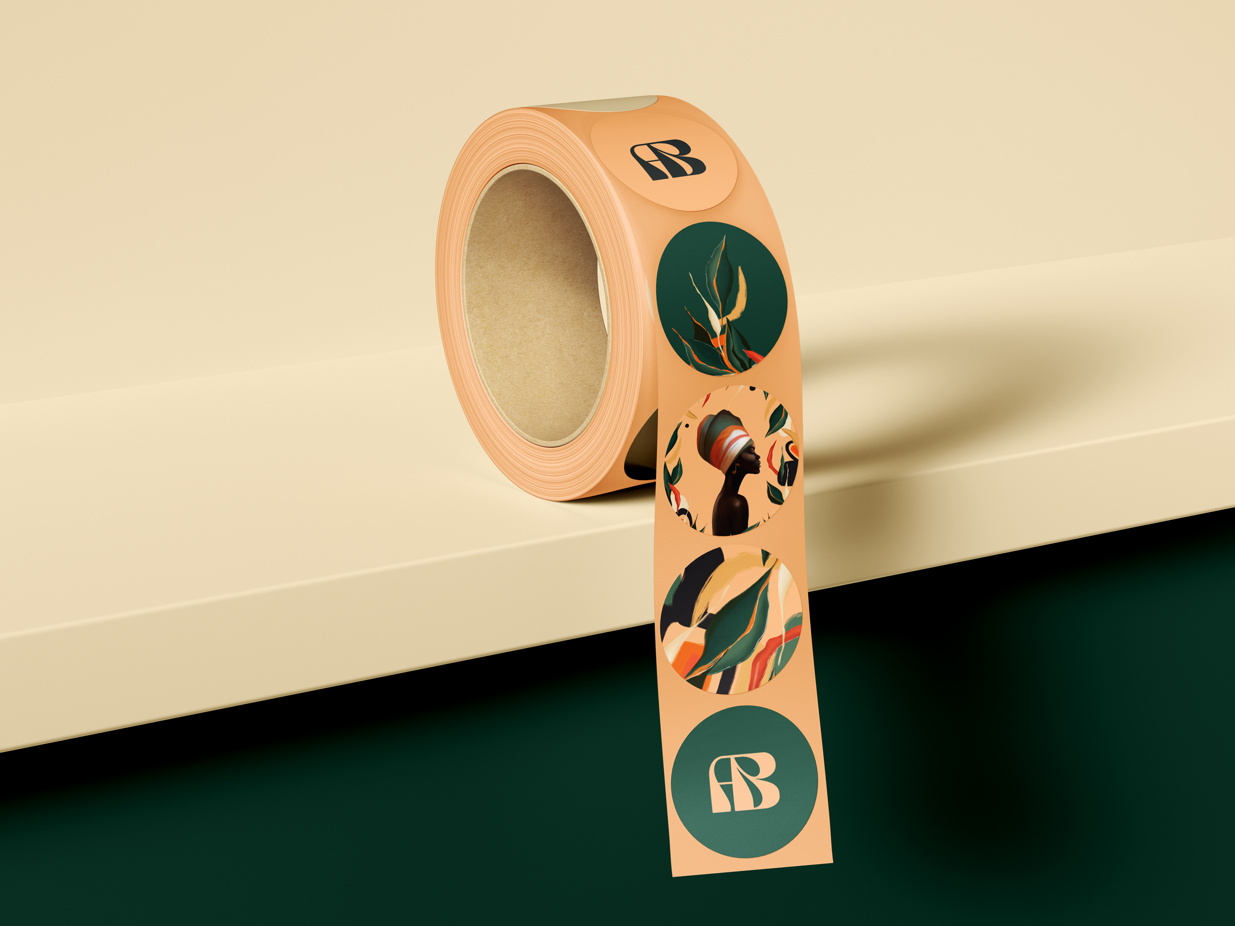Roll of Afrobeans stickers with monogram, portrait, and botanical discs