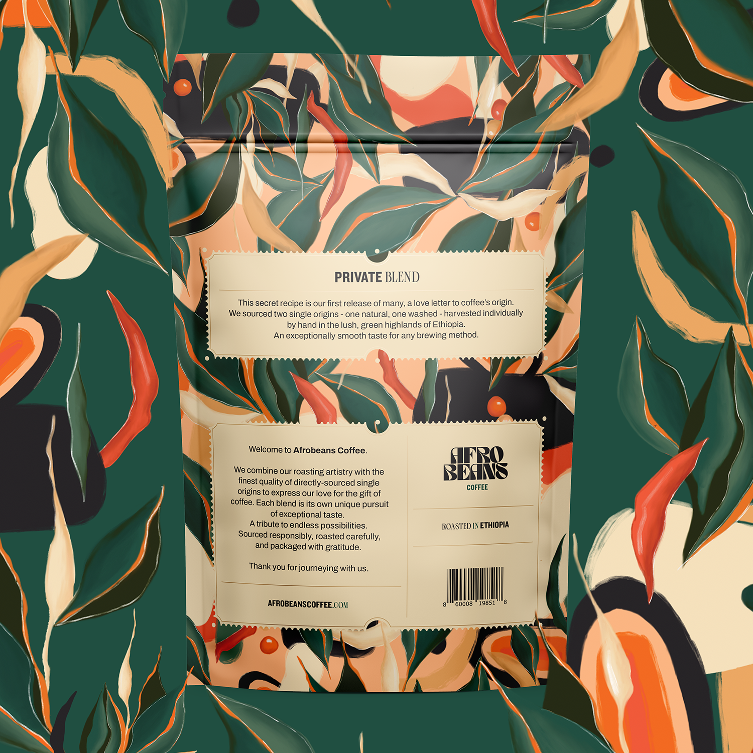 Back of the pouch with Private Blend copy and roasted-in-Ethiopia lockup