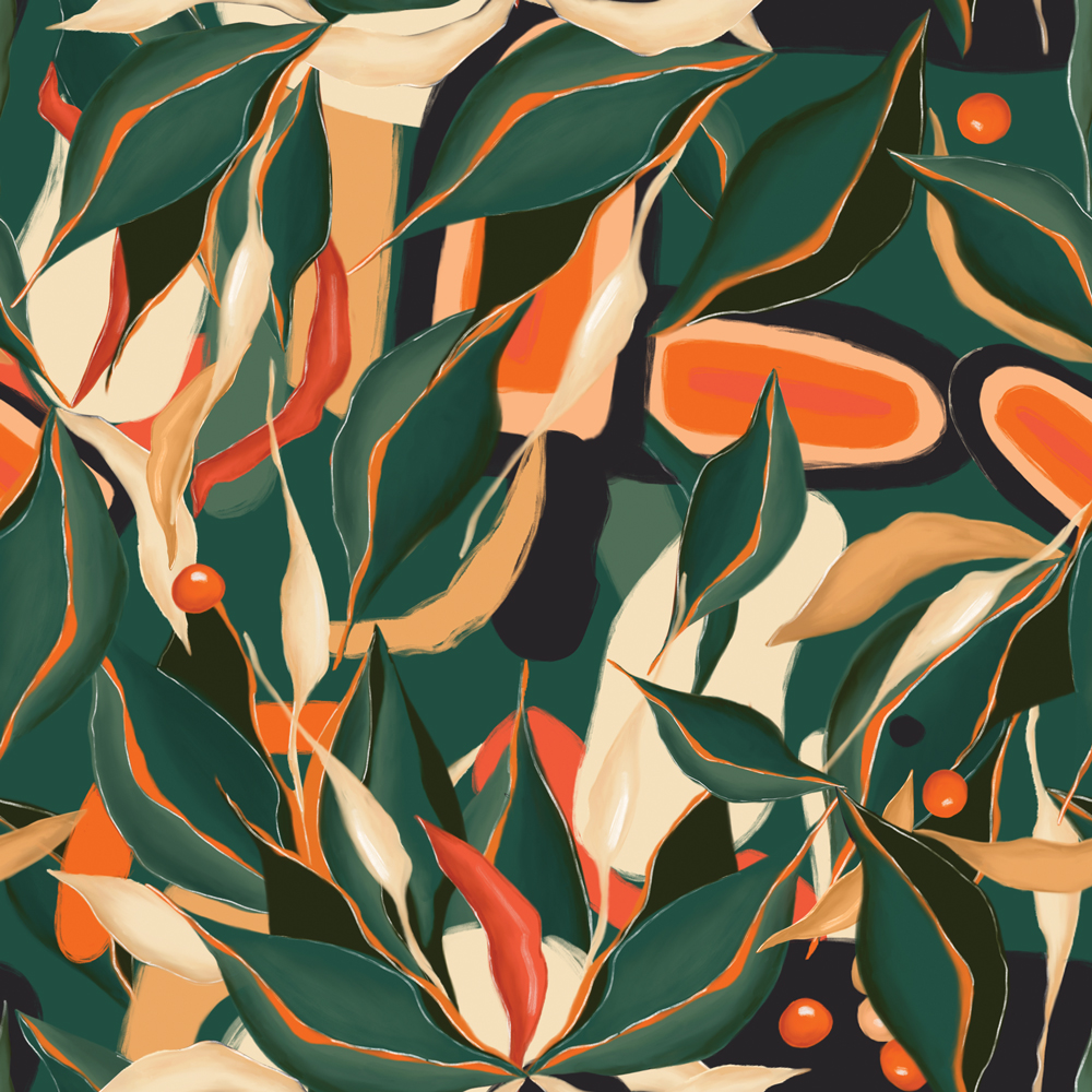 Botanical pattern of coffee leaves and cherries on forest green