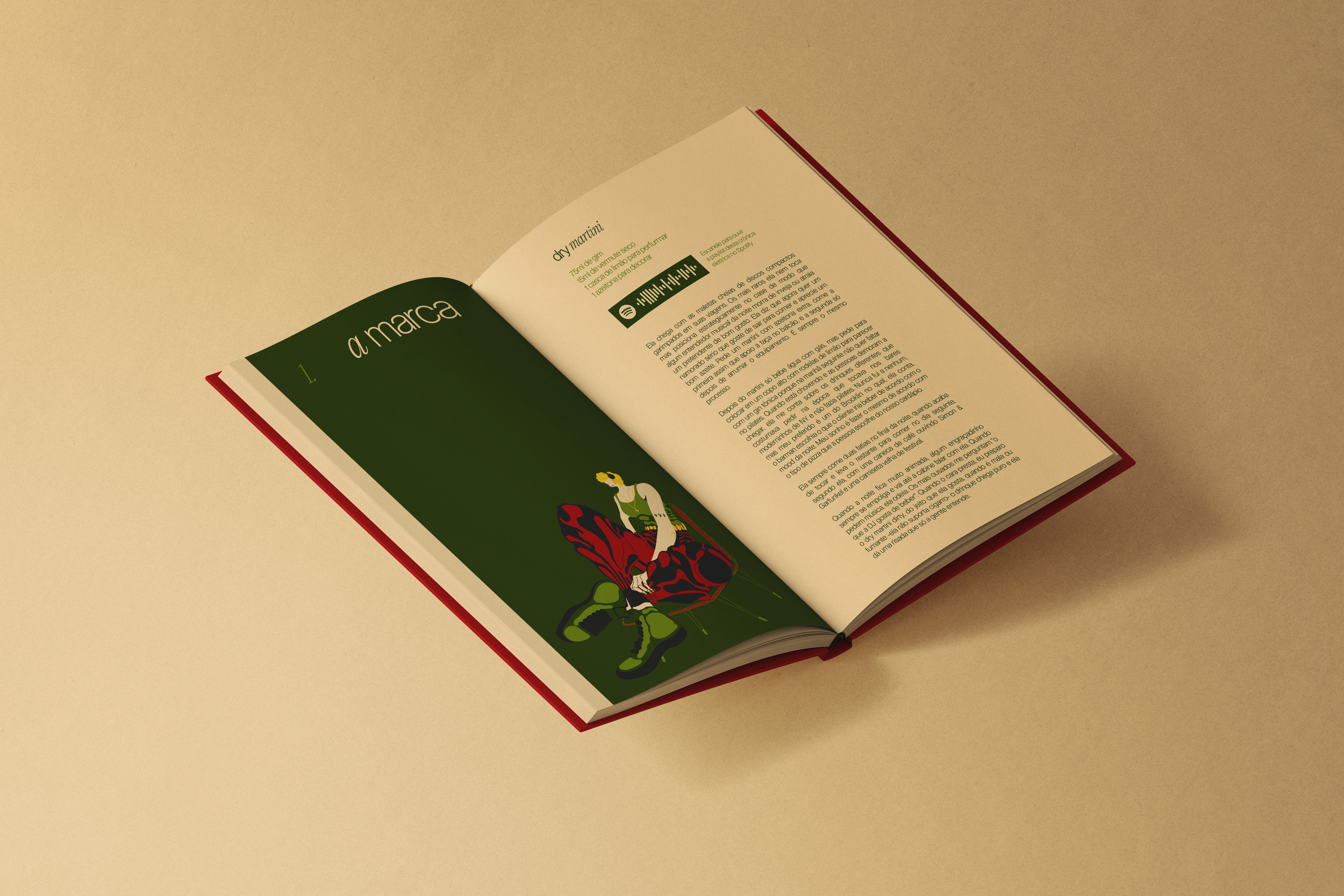 Open brand manual with illustration and dry martini recipe