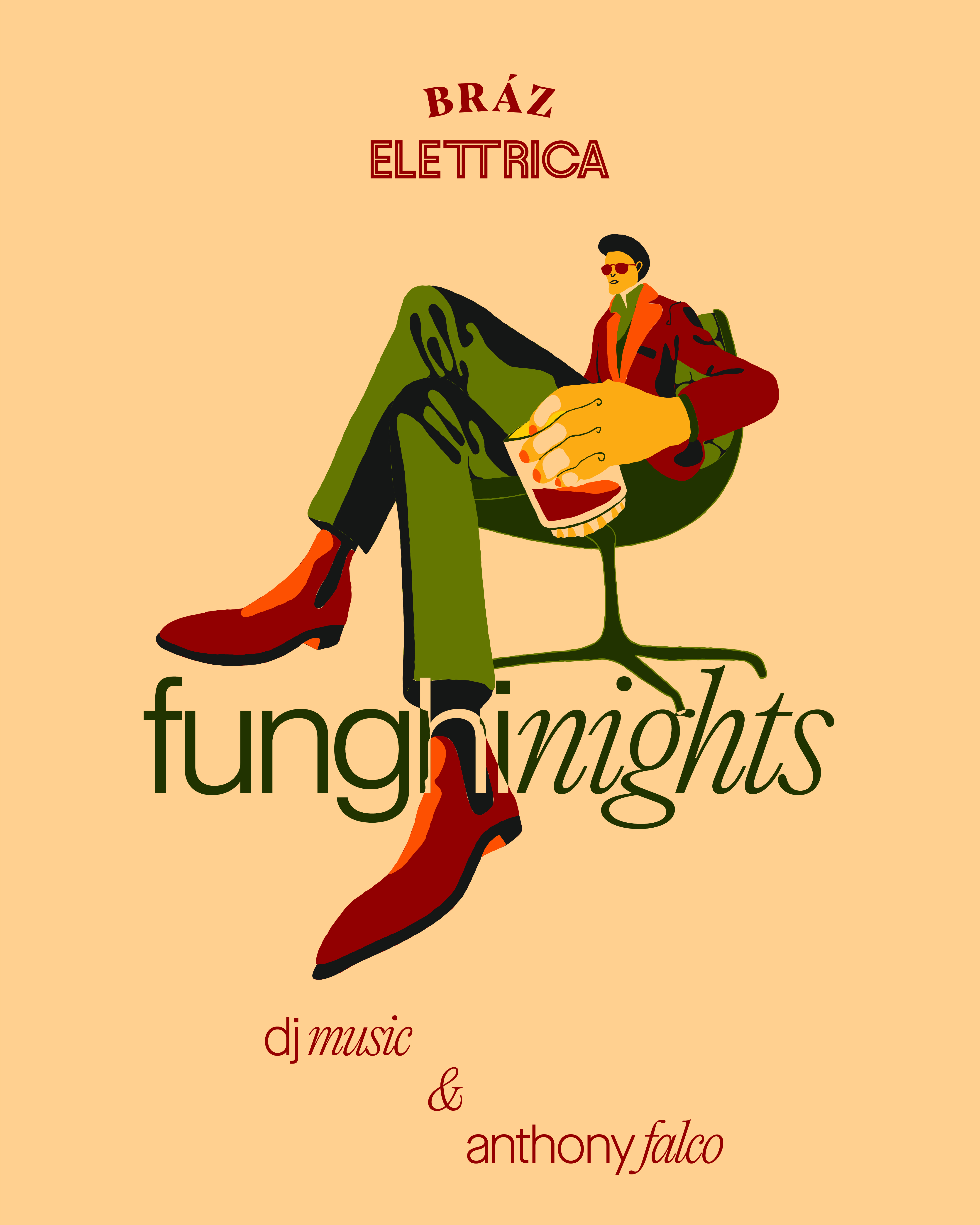 Funghi nights lounge character illustration on mozzarella