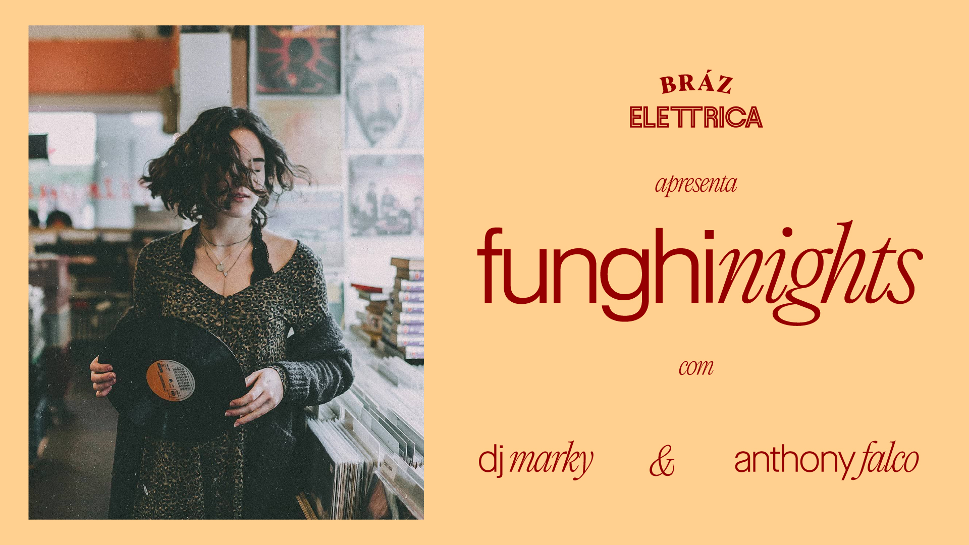 Funghi nights landscape flyer with vinyl photography