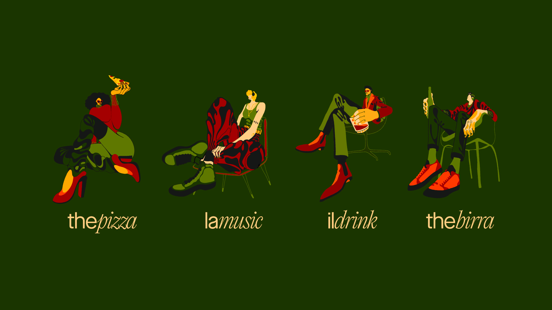 Illustration system: four characters labeled thepizza, lamusic, ildrink, thebirra