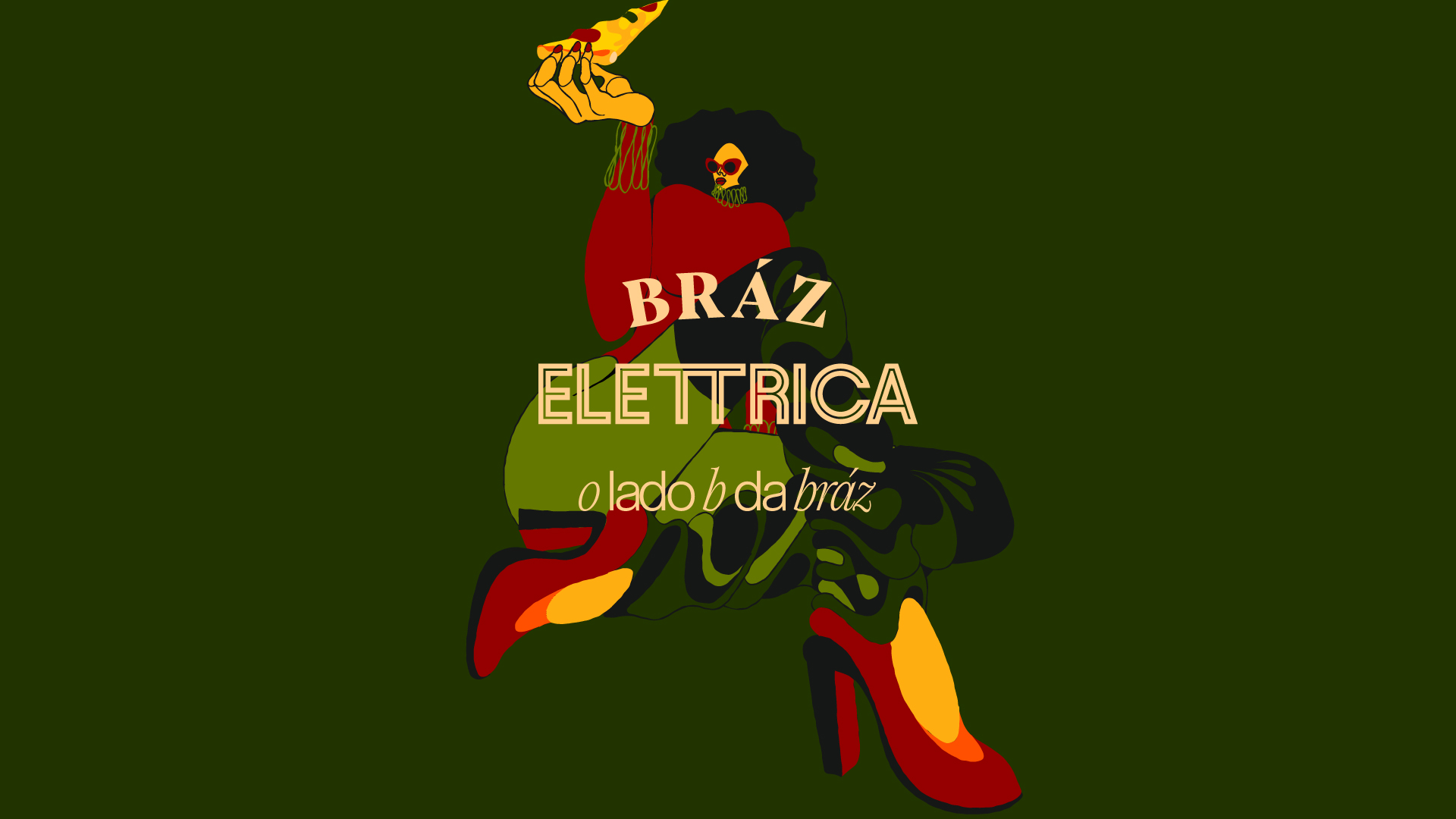 Bráz Elettrica key illustration: a figure holding a pizza slice under the wordmark
