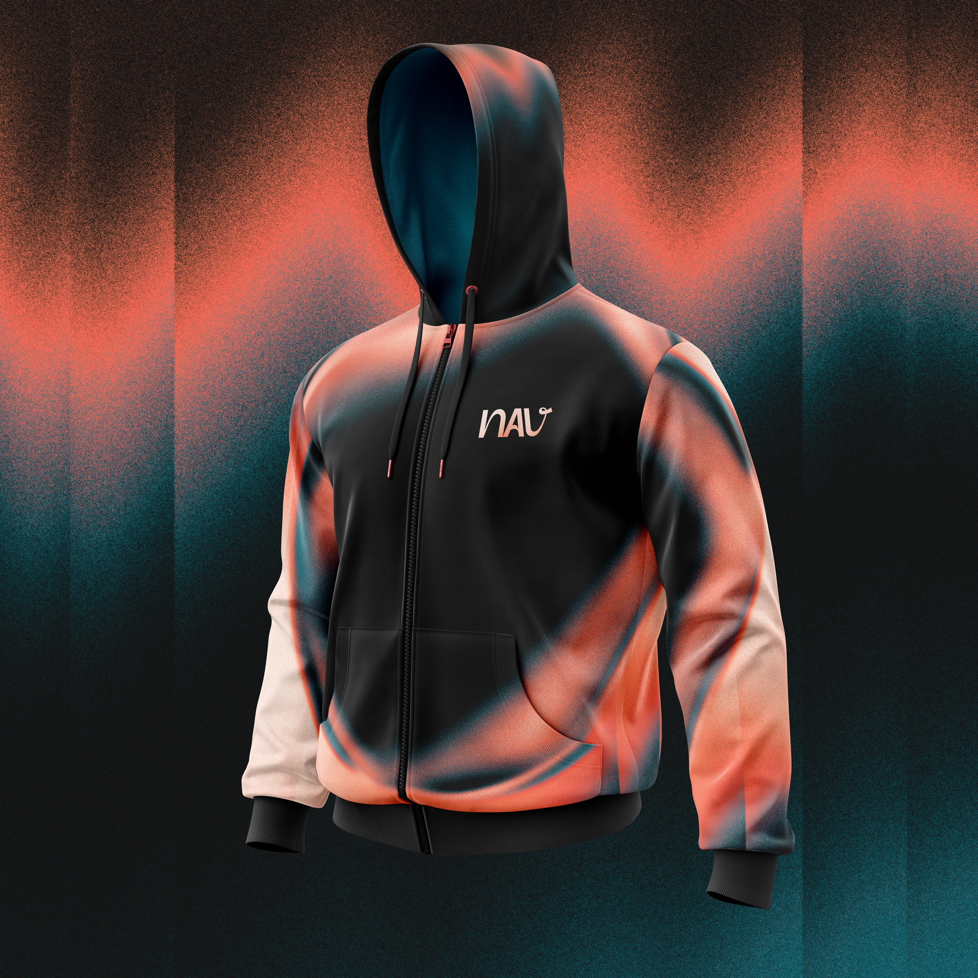 NAV gradient pattern and wordmark applied to a hoodie