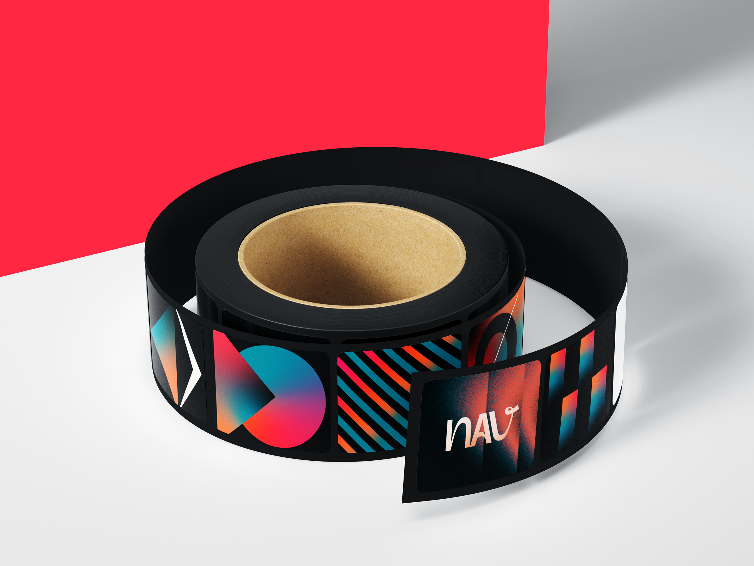 NAV wordmark and symbol system applied to sticker rolls