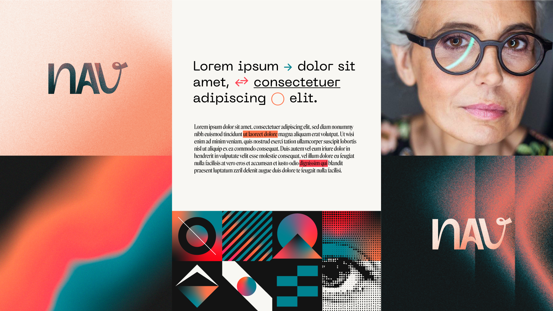 NAV identity system board with wordmark, typography, symbols, and imagery