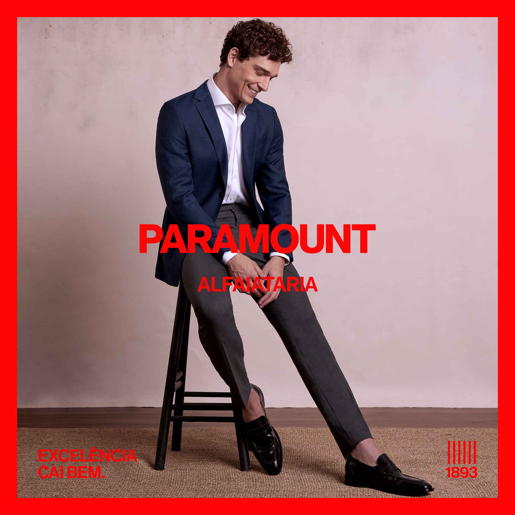 Paramount Alfaiataria campaign portrait with red frame and 1893 mark