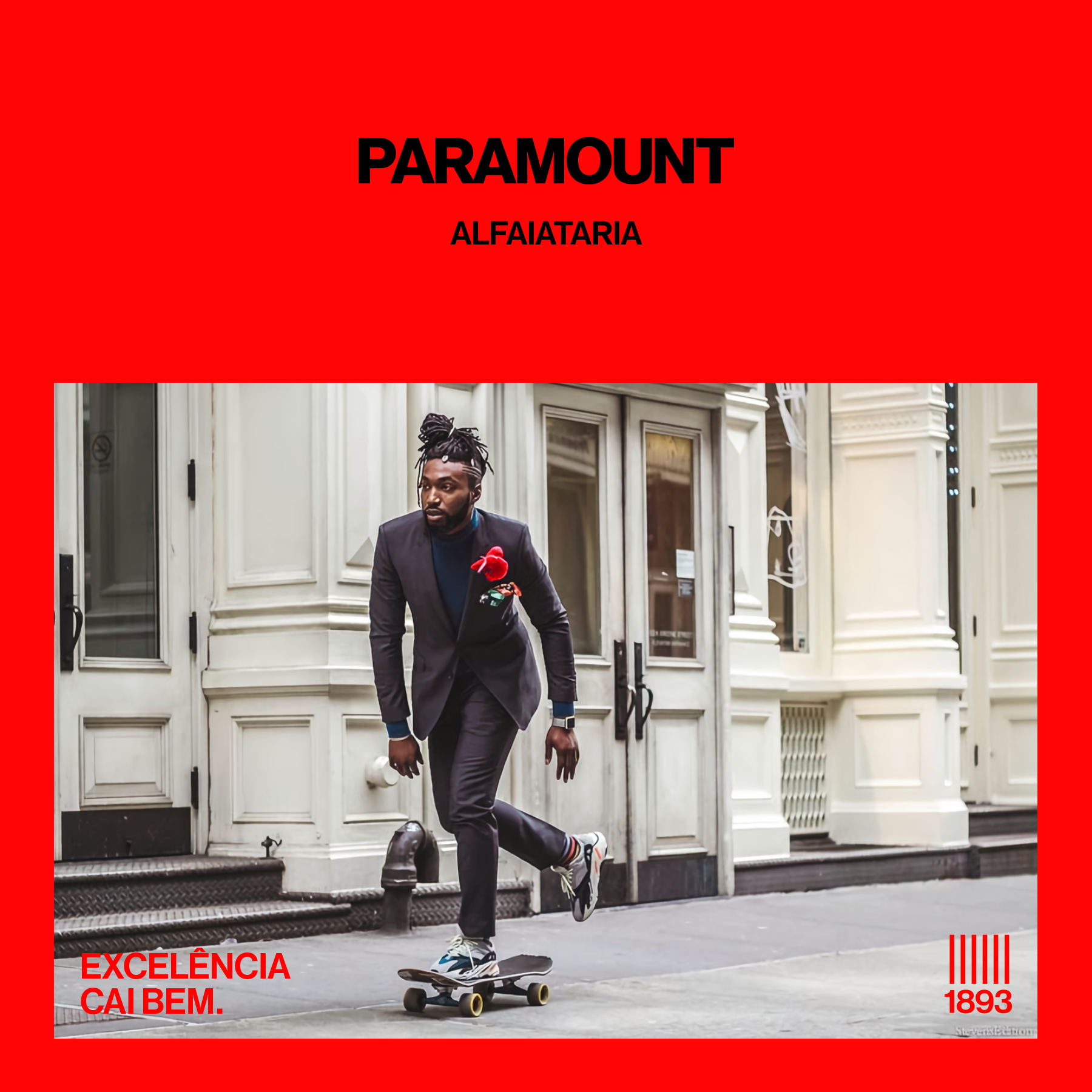 Paramount Alfaiataria campaign poster of a tailored suit on a skateboard