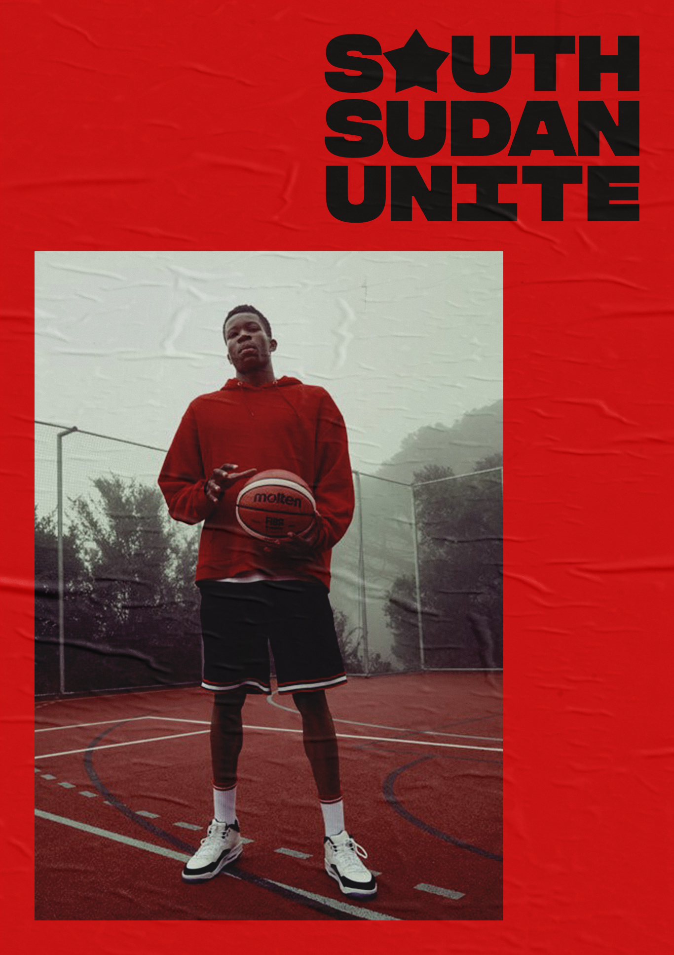 South Sudan Unite poster — basketball player on red