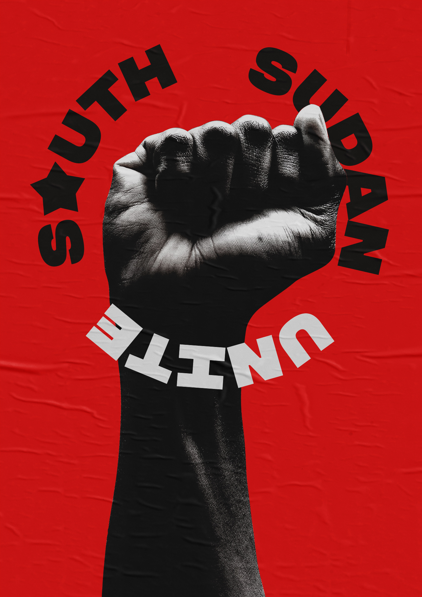 South Sudan Unite poster — raised fist on red
